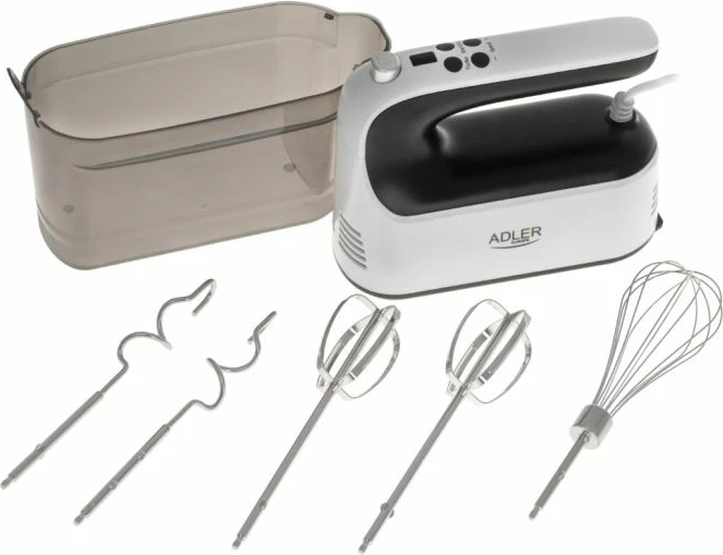 Mikser dore Adler AD4229 9-shpejtësi 600W max me ekran LCD, set 5 aksesorë, bardhë/zi