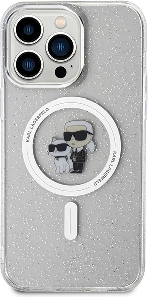 Mbështjellës Karl Lagerfeld Karl&Choupette Glitter MagSafe për iPhone 15 Pro Max, transparent