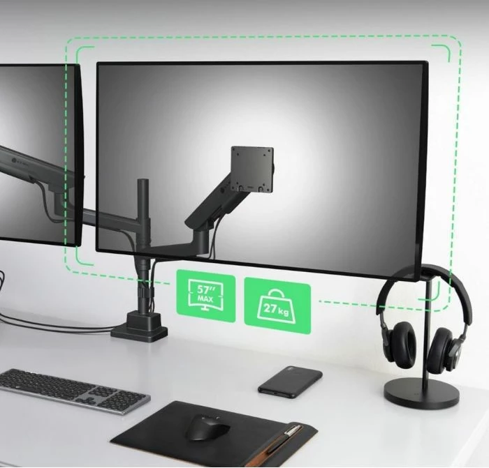 Mbajtëse tavoline për 2 monitorë ICYBOX IB-MS702-T, gas spring, deri 57\" / 27 kg, VESA 75x75 & 100x100, e zezë