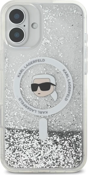 Mbështjellës Karl Lagerfeld Liquid Glitter Karl Head MagSafe për iPhone 16, Transparent