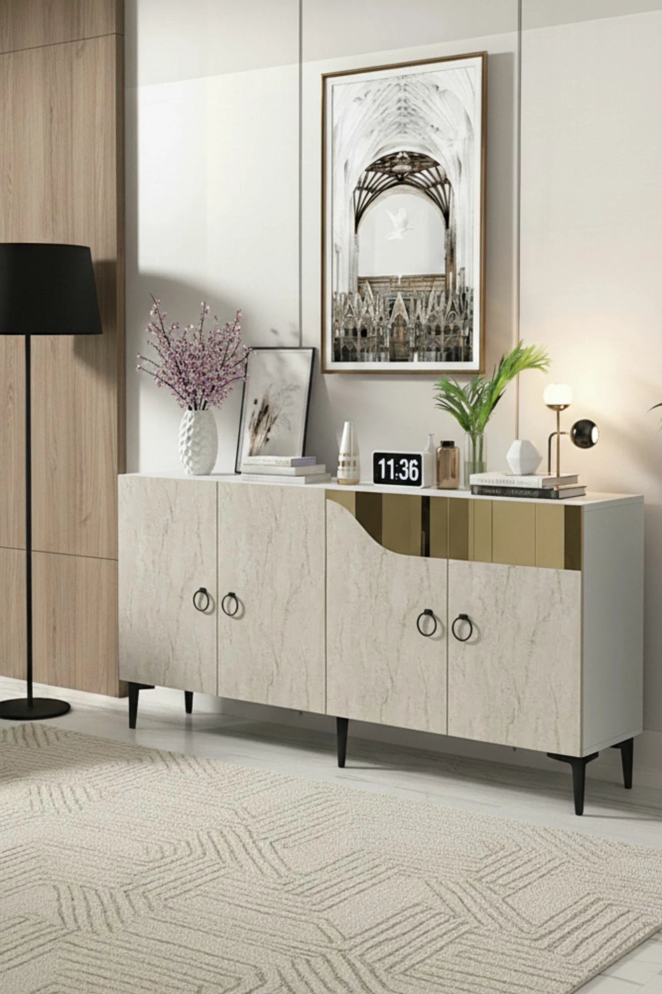 Konsol Skye Decor, Gama 150, e bardhë, travertin, ari