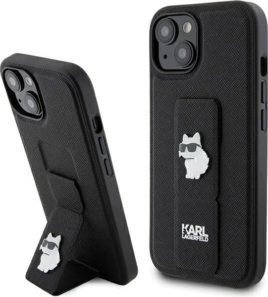 Mbështjellës Karl Lagerfeld Gripstand Saffiano Choupette Pins për iPhone 15, i zi