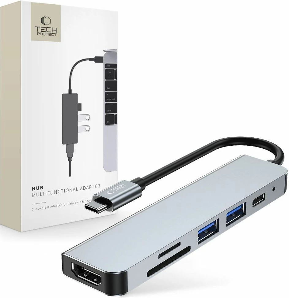 HUB Tech-Protect V4 6-në-1, USB-C, USB-A 3.0/2.0, HDMI, microSD/SD, Gri