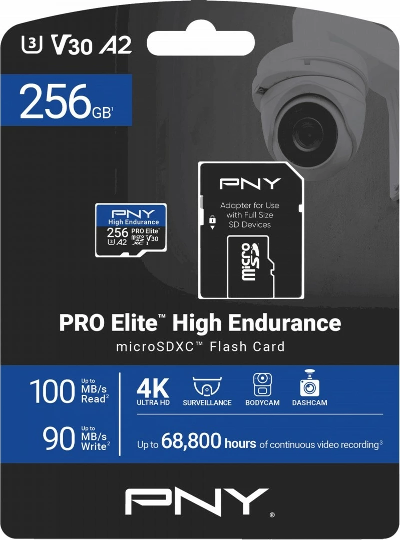 Kartelë memorie microSD PNY PRO Elite High Endurance 256GB, SDXC, UHS-I, U3, V30, A2, pa adapter