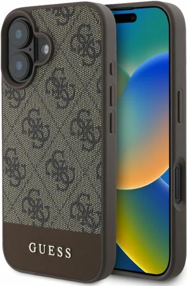 Mbështjellës Guess 4G Bottom Stripe për iPhone 16, Kafe