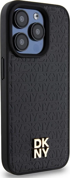 Mbështjellës DKNY Leather Monogram Pattern Metal Logo MagSafe për iPhone 15 Pro, e zezë