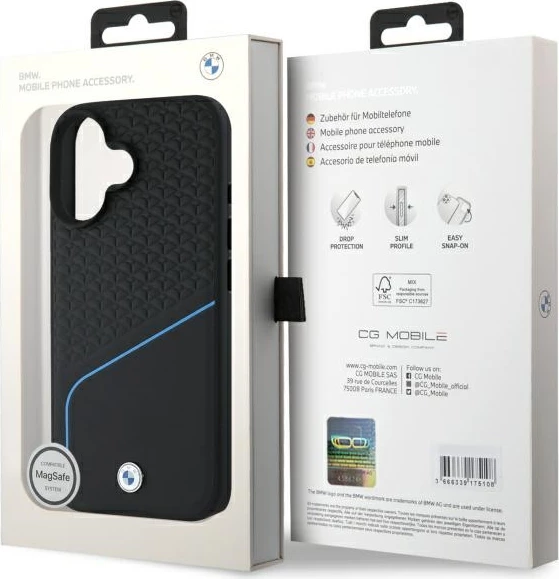 Mbështjellës BMW Sign Leather Textured And Line MagSafe për iPhone 16, Lëkurë, Zi