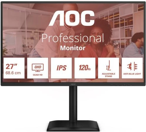 Monitor, AOC Q27E4U, 27" QHD 2560x1440, 120Hz, IPS, këmbë e rregullueshme, anti-blue light, e zezë