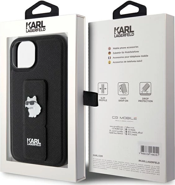 Mbështjellës Karl Lagerfeld Gripstand Saffiano Choupette Pins për iPhone 15 Plus / 14 Plus, i zi