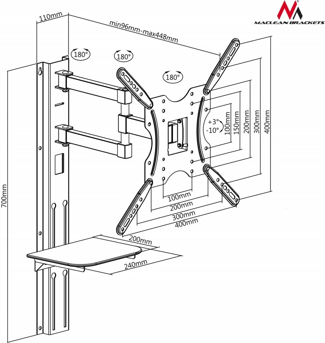 Mbajtës muri për TV Maclean MC-772 me raft për DVD, 32"-55", 30kg, VESA 400x400, i zi