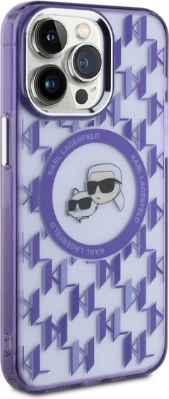 Mbështjellës Karl Lagerfeld IML Monogram Karl & Choupette Head MagSafe për iPhone 15 Pro, vjollcë