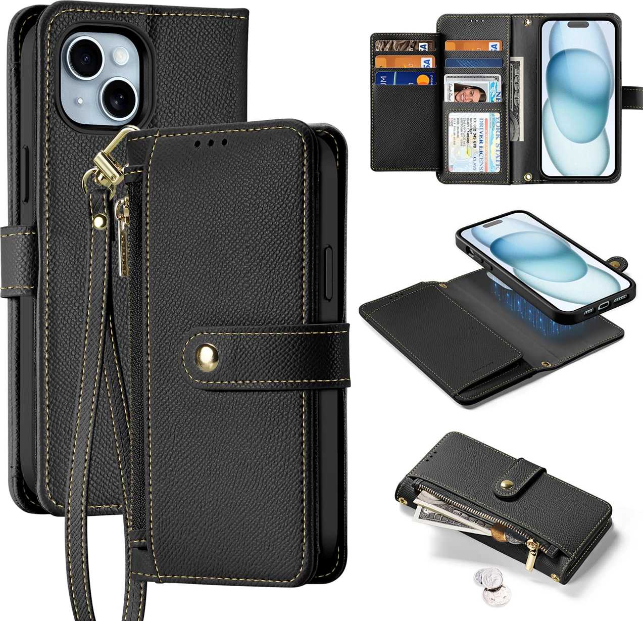 Mbështjellës Dux Ducis Lawa për iPhone 15, lëkurë, me portofol magnetik, e zezë