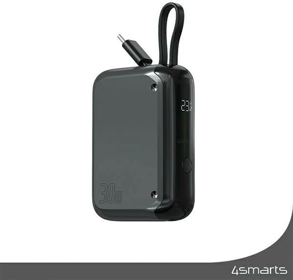 Powerbank 4smarts KAT06964 10000mAh 30W me kabllo USB-C të integruar 15cm me ekran LCD gri