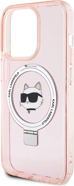 Mbështjellës Karl Lagerfeld KLHMP15XHMRSCHP për iPhone 15 Pro Max 6.7", me unazë Ring Stand Choupette Head, MagSafe, rozë