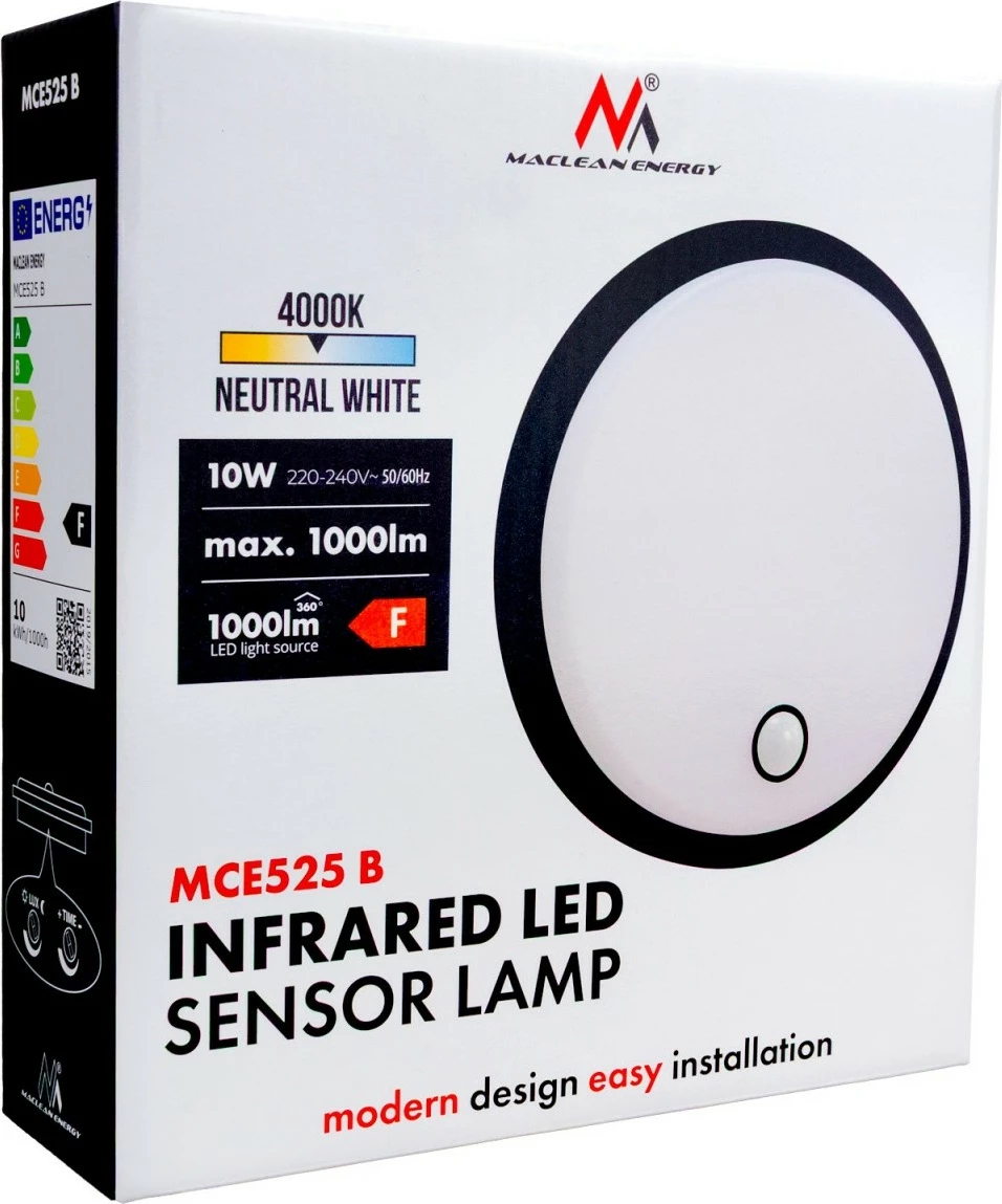 Lambë LED, Maclean MCE525 B, me sensor PIR, IP65, 10W 1000lm, 4000K e bardhë neutrale