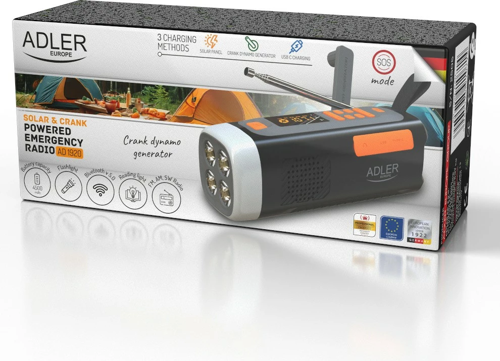 Radio emergjence Adler AD1920 me panel solar, Bluetooth 5.0, powerbank 4500 mAh, dritë LED 4W, e zezë