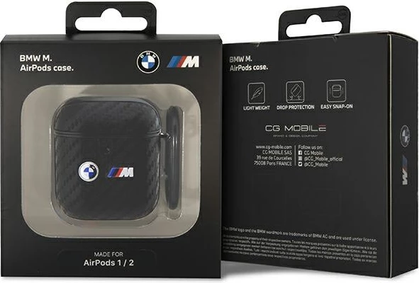 Mbështjellës BMW Carbon Double Metal Logo për AirPods 1/2, me karabiner, i zi
