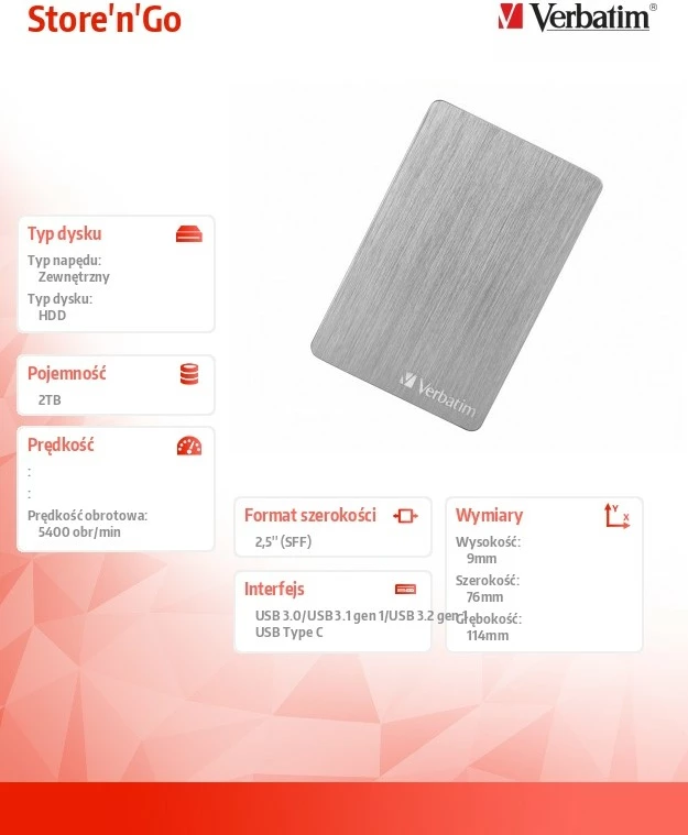 Hard disk ekstern Verbatim Store'n'Go ALU Slim 2TB USB 3.0/3.2 Gen 1, alumin, me kabllo Micro-B USB-A + adapter USB-A në USB-C