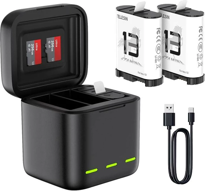 Karikues baterie tre‑kanalesh, Telesin, S0-BCG-10-TGP, për GoPro Hero 13 Black, USB-C, LED, me 2 slote për kartë memorie