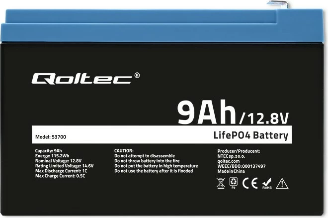 Bateri LiFePO4 Qoltec 53700, 12.8V, 9Ah, me BMS
