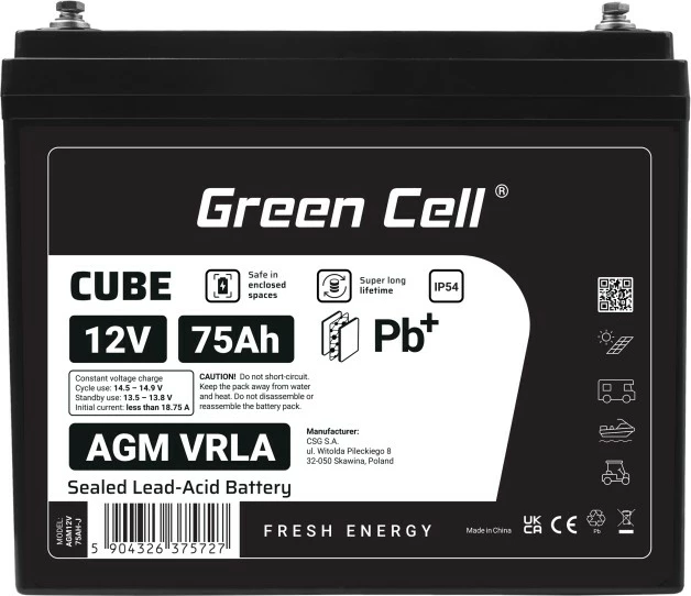 Bateri AGM VRLA Green Cell AGM12V75AH-J 12V 75Ah IP54 e zezë