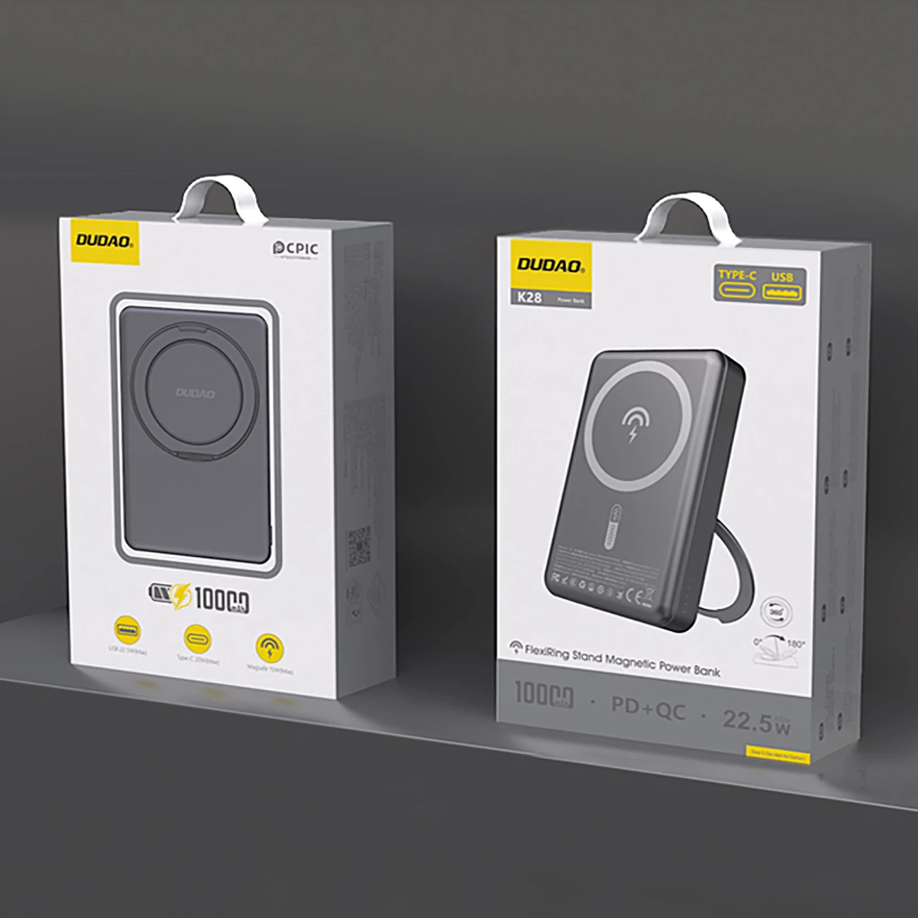 Powerbank Dudao K28, 10000mAh, MagSafe, kasë metalike, ring stand, Gri