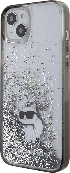 Mbështjellës Karl Lagerfeld Liquid Glitter Choupette për iPhone 15 Plus, Transparent, Silver
