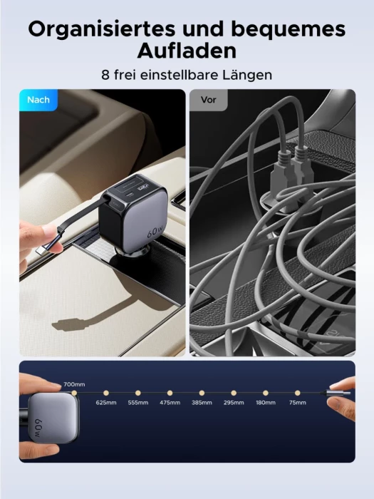 Karikues për veturë UGREEN 55212B 60W, kabllo USB-C e integrume me rrotullim 70cm, 1x USB-C + 1x USB-A, GaN, Space Grey