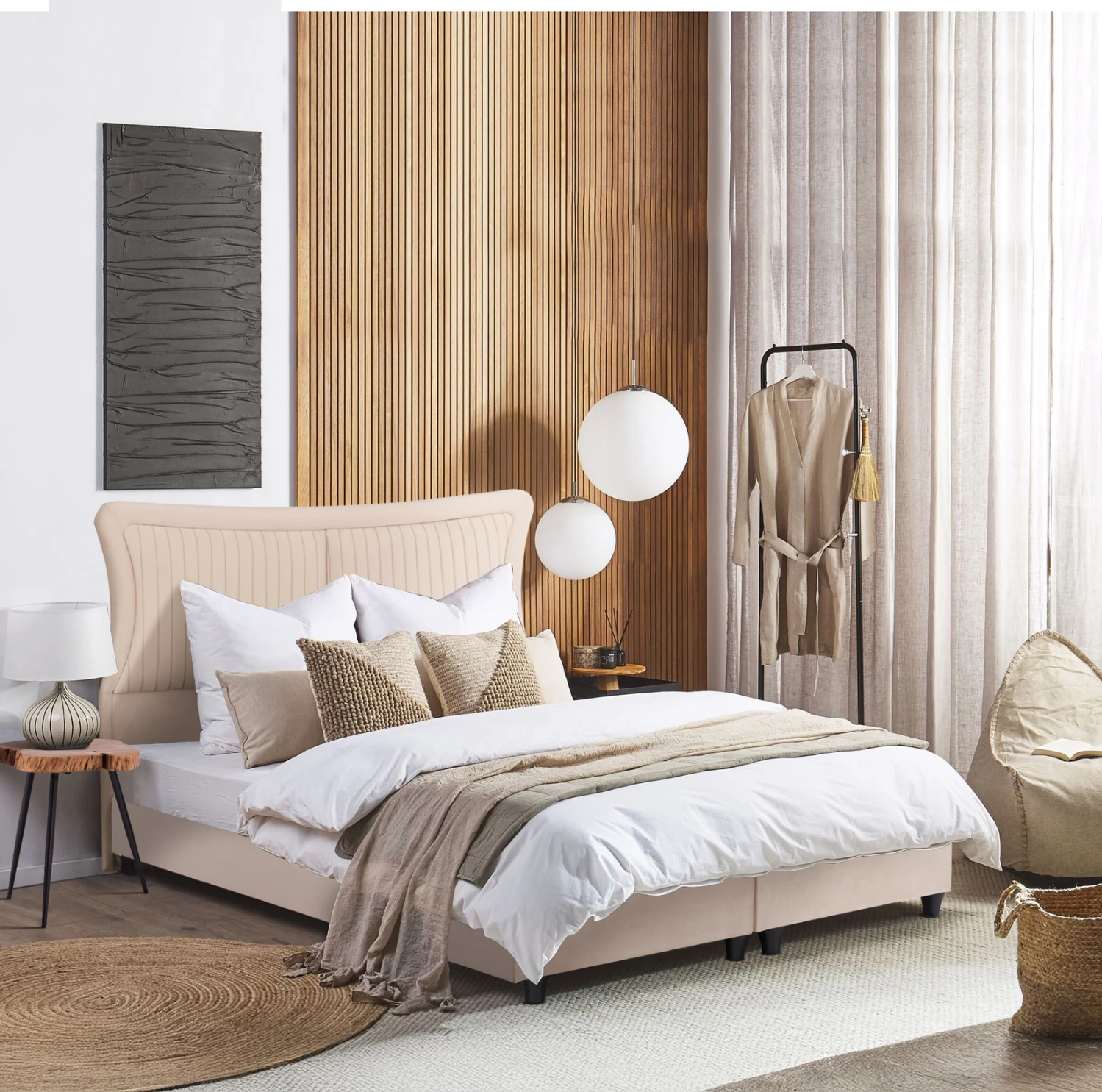 Krevat dopio NESTOR, kadife bezhë, për dyshek 160x200cm