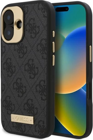 Mbështjellës Guess 4G Logo Plate MagSafe për iPhone 16, Zi