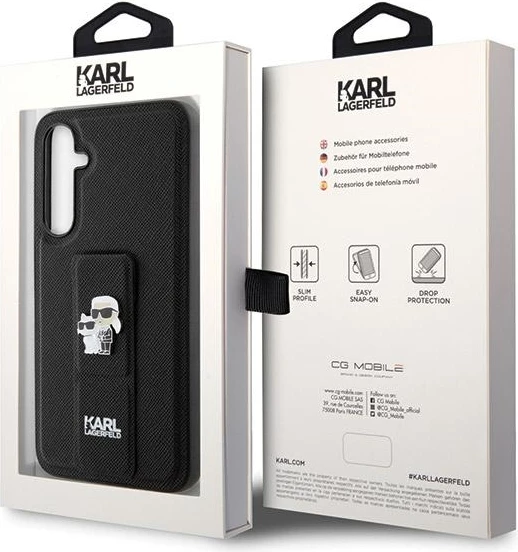 Mbështjellës Karl Lagerfeld Gripstand Saffiano Karl&Choupette Pins për Samsung Galaxy S23 FE, i zi