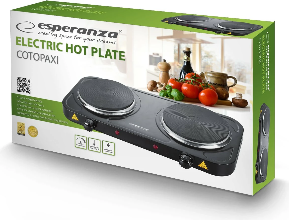 Sobë elektrike Esperanza KUCHENKA EKH010K, 2 pllaka, 2000W, e zezë