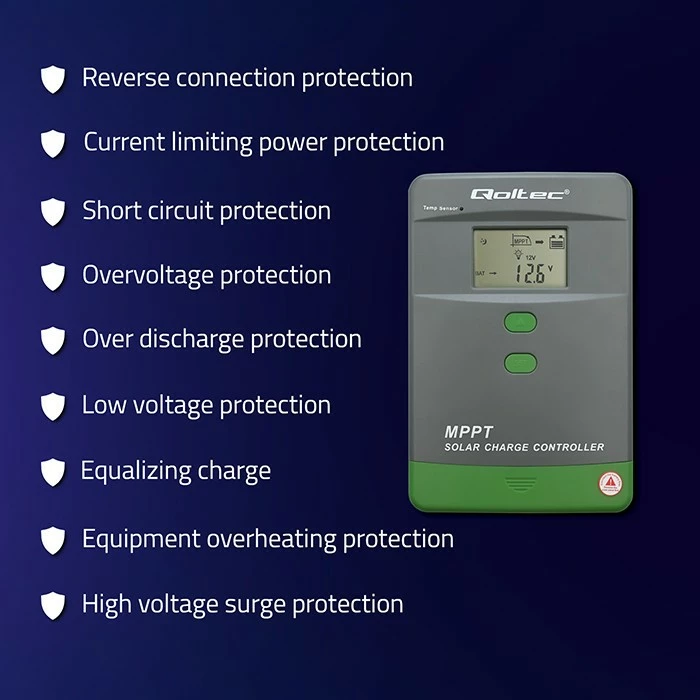Kontroller karikimi diellor MPPT, Qoltec, 53664, 50A 12V/24V, LCD Bluetooth APP sensor temperature, kompatibil me GEL & LiFePO4, gri/jeshile