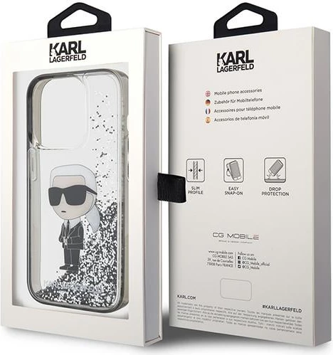 Mbështjellës Karl Lagerfeld Liquid Glitter Ikonik për iPhone 15 Pro, transparent