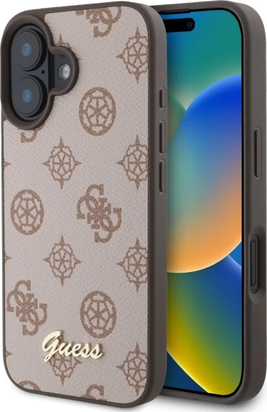 Mbështjellës Guess Peony Script MagSafe për iPhone 16, Kafe