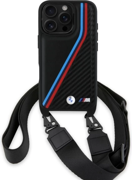 Mbështjellës BMW M Edition Carbon me vija trikolore dhe rrip për iPhone 16 Pro Max, Zi