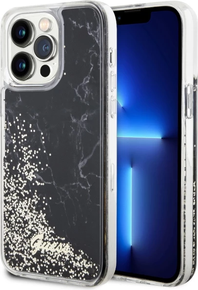 Mbështjellës Guess Liquid Glitter Marble për iPhone 14 Pro Max 6.7", i zi