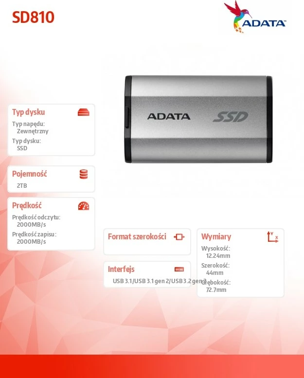 SSD i jashtëm Adata SD810, 2TB, USB 3.2C, Argjendtë