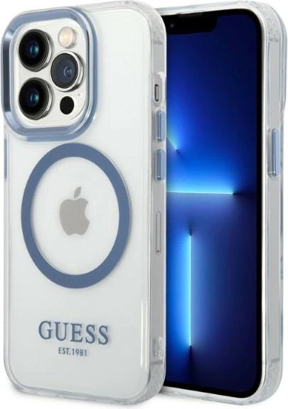Mbështjellës Guess Metal Outline Magsafe për iPhone 14 Pro Max 6.7", kaltër/transparente