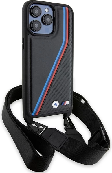 Mbështjellës BMW M Edition Carbon Tricolor Lines & Strap për iPhone 15 Pro, i zi