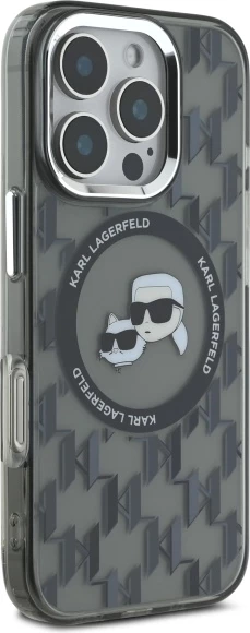 Mbështjellës Karl Lagerfeld IML Monogram Karl & Choupette Head MagSafe për iPhone 16 Pro, i zi