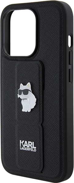 Mbështjellës Karl Lagerfeld Gripstand Saffiano Choupette Pins për iPhone 15 Pro, i zi