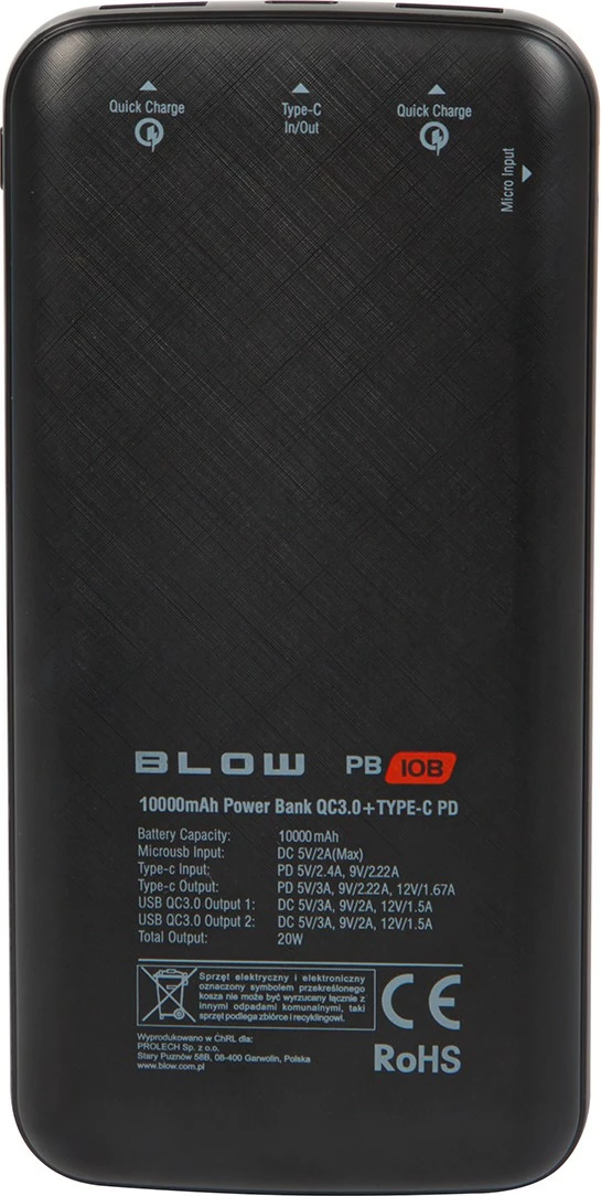 Powerbank, BLOW, PB10B, 10000mAh 20W PD/QC 3.0 me 3 porta (2x USB-A, 1x USB-C) me ekran tregues, e zezë