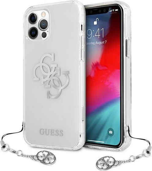 Mbështjellës Guess GUHCP12LKS4GSI për iPhone 12 Pro Max 6.7", transparent, me varëse argjendi