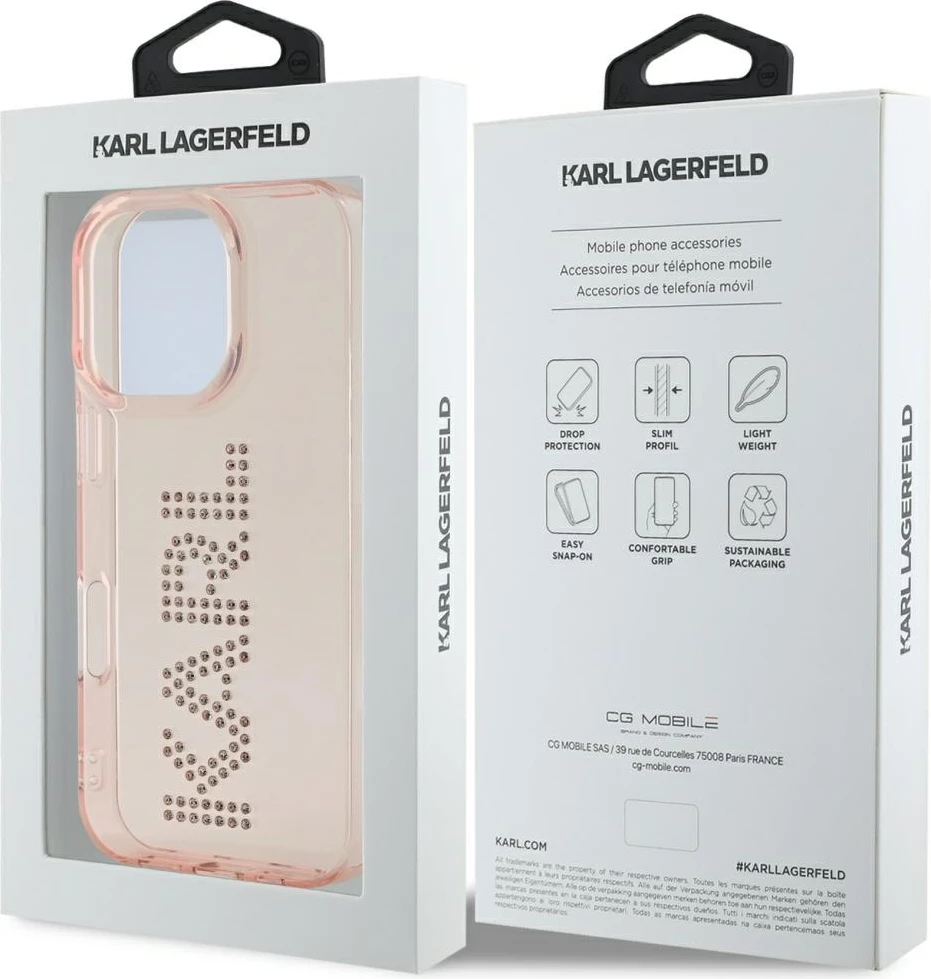 Mbështjellës Karl Lagerfeld IML Rhinestones Logo për iPhone 16 Pro Max, Rozë