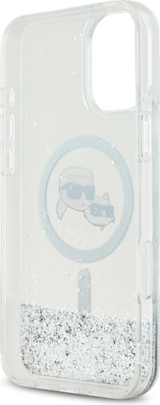 Mbështjellës Karl Lagerfeld Liquid Glitter Karl & Choupette Head MagSafe për iPhone 16 Plus, Transparent