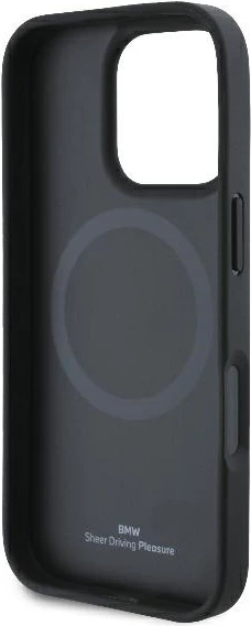 Mbështjellës BMW Signature Leather Half Textured & Circle MagSafe për iPhone 16 Pro, i zi