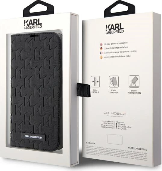 Mbështjellës Karl Lagerfeld Saffiano Monogram për iPhone 14 Pro 6.1", i zi, me kapak