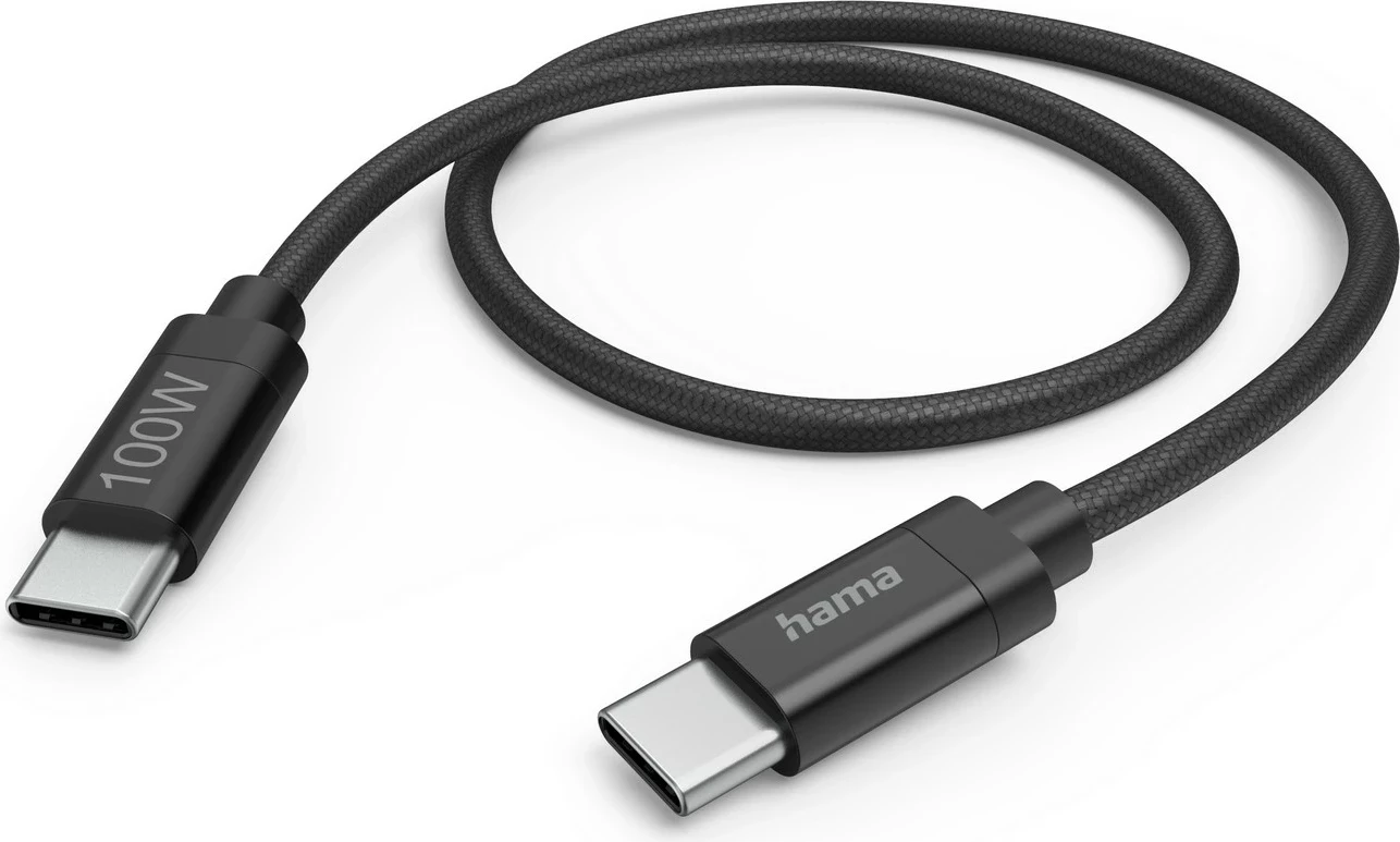Kabëll USB-C në USB-C Hama, 1.5m, 100W, najlon, zi