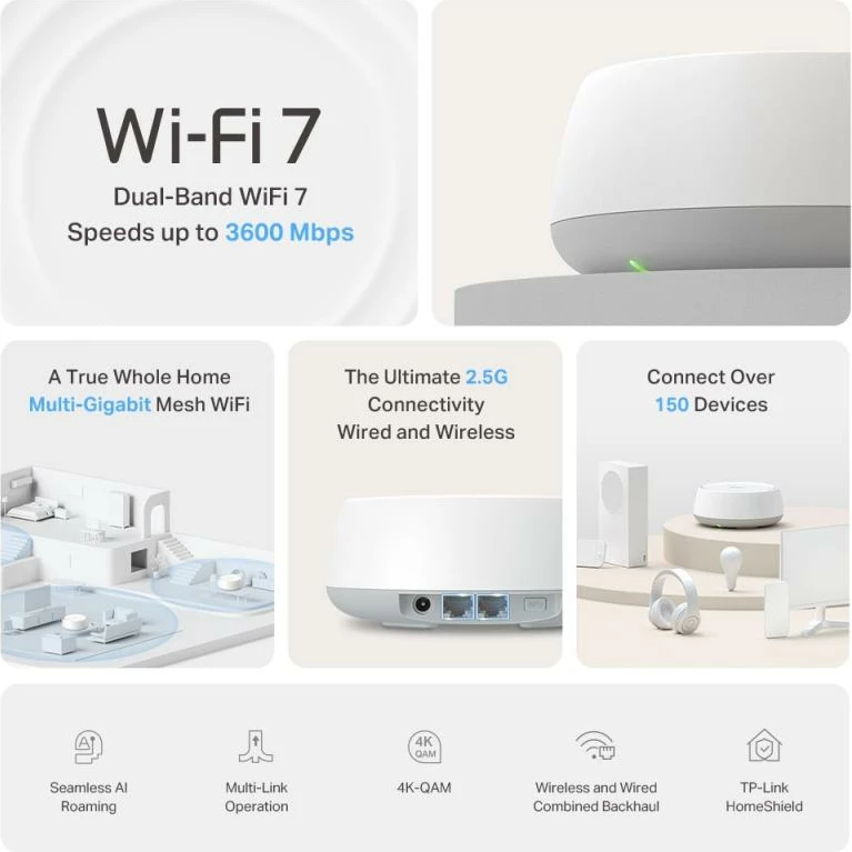 Sistem Mesh WiFi, TP-Link Deco BE25, WiFi 7 BE3600 3.6Gbps, port 2.5Gbps, 3 copë, i bardhë